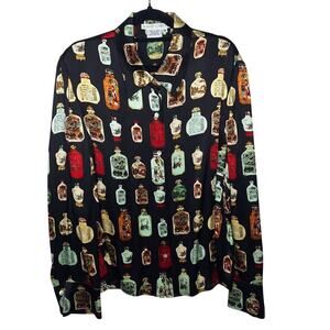 Vintage 90s Y2K 100% Silk Blouse Chinoiserie Perfume Bottles Asian Maggy London